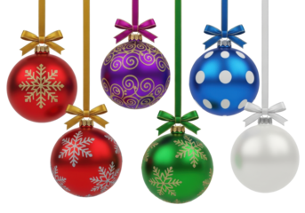 Six distinct spherical christmas baubles in red, purple, blue, green, and white, with golden/silver snowflakes, swirls, and polka dots, suspended by silk ribbons against a transparent studio