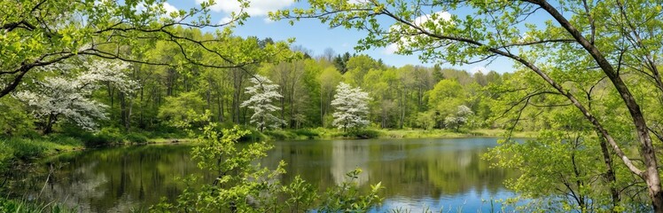 Obraz premium Panorama of calm forest lake in springtime with young green leaves, white blossoms. Sunlight reflects in water. Serene nature scenery, fresh vivid landscape for banner, background or wallpaper.