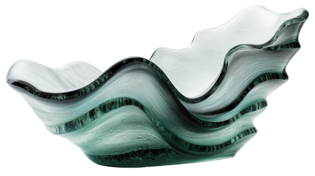 Sculptural glass bowl with layered, wavy design creates elegant and artistic centerpiece. translucent material and fluid form evoke sense of movement and sophistication., isolated