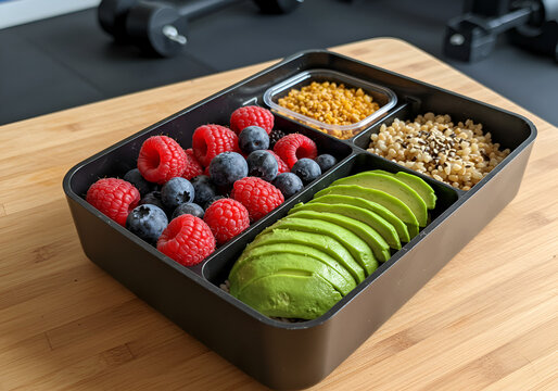 Top-down view of vegan dish with berries and avocado on cutting board