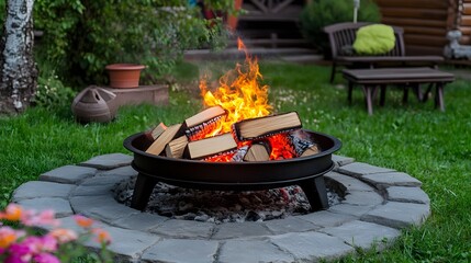 Cozy Backyard Fire Pit with Burning Wood Logs