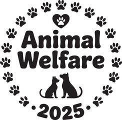 2025 Animal Welfare Vector Icon:  Paw Print Symbol, Black Sign, Compassionate Design
