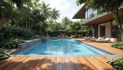 Illustration of outdoor pool with wooden deck, tropical landscape. Palm trees, green plants around. Modern house. Lounge chairs for relaxation. Summer vacation at poolside. Calm, elegant, tranquil
