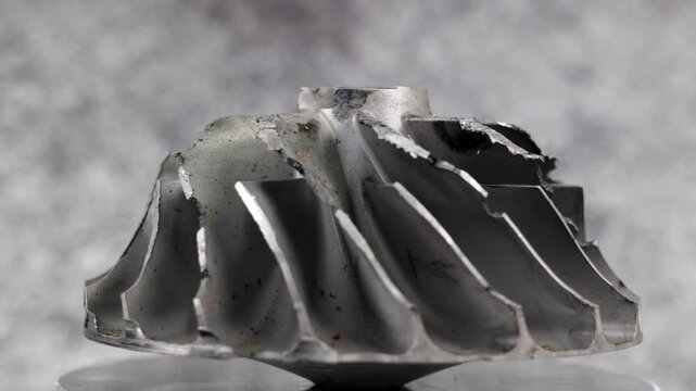 Turbocharger compressor wheel with damaged and worn blades due to friction with other object.