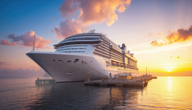 Large white cruise ship docked at pier during sunset. Warm golden hour light reflects on calm water. Summer vacation, travel, adventure, hot tour, peaceful paradise at ocean port.