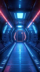 Vibrant futuristic hallway with glowing lights and a sealed door in a sci-fi environment