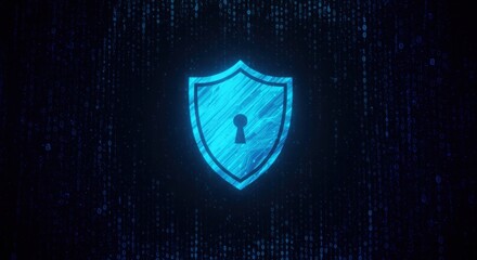 Fototapeta premium Cyber security theme, glowing shield icon, binary code rain, dark background, secure, protected