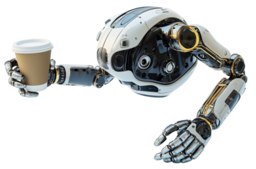 Futuristic robot with metallic arms is holding coffee cup, showcasing advanced technology and design. robot sleek and modern appearance highlights innovation and robotics., isolated