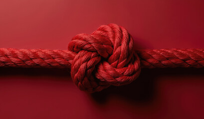 Vivid red rope tied in intricate knot on matching background. Strong nylon cord displays texture, twists. Connection, strength, security. Detailed close-up highlights cordage, loop, marine theme,