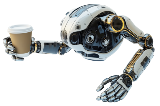Futuristic robot with metallic arms is holding coffee cup, showcasing advanced technology and design. robot sleek and modern appearance highlights innovation and robotics., isolated