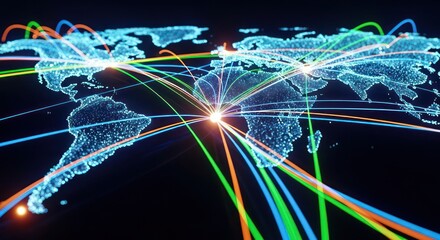 Glowing Data Arcs Connecting a Dotted World Map from a Luminous Hub