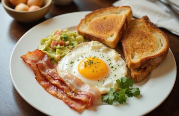 Savory breakfast plate features crispy bacon, perfectly fried egg with fresh parsley, golden toasted bread slices. Side of avocado salad with diced tomatoes complements hearty meal. Delicious brunch