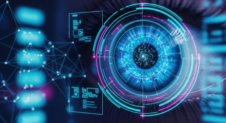 Close-up eye scan with digital interface overlays