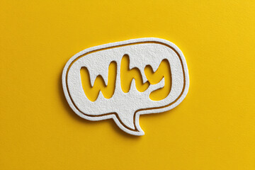 Paper speech bubble with the word "Why" on a yellow background. Top view with copy space. Flat lay