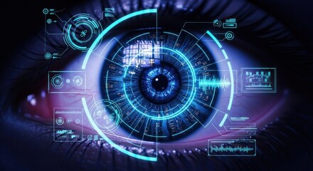 Close-up eye with digital interface overlays