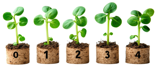 Five young green sprouts in soil blocks numbered 0 to 4, illustrating growth stages. Each sprout shows different development phase, symbolizing progress and natural growth., isolated