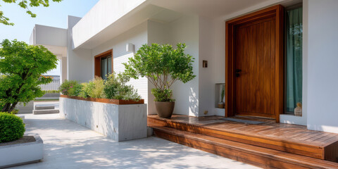 Modern house entrance with wooden door and steps surrounded by green plants and white concrete walls in bright daylight