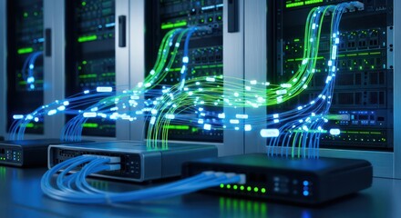 High-Speed Data Transfer Visualized with Luminous Blue and Green Fiber Optic Cables in a Server Room.