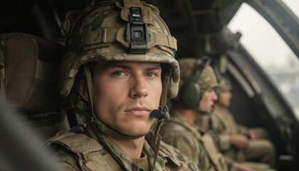 Soldier in camouflage uniform, helmet sits inside military aircraft. Focus on soldier serious expression, camaraderie with crew in background. Teamwork, mission readiness, defense operations, flight