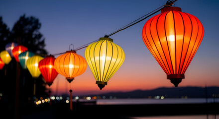 Colorful lanterns strung against a twilight sky backdrop