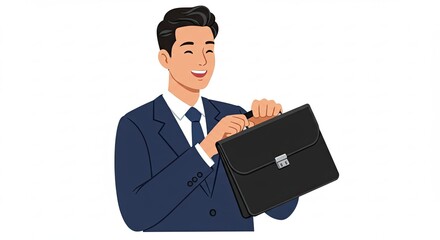 Smiling Businessman Holding Black Briefcase in Navy Suit