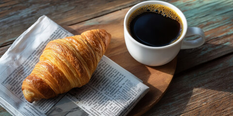 Fresh golden croissant on newspaper with hot black coffee in white cup on wooden table creating cozy morning mood