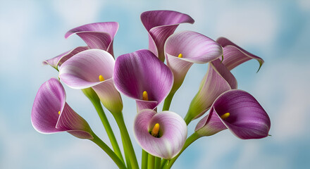 A bouquet of purple calla lilies against a soft blue sky