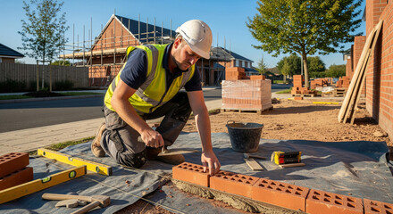 Builder laying bricks on a construction site in a residential area