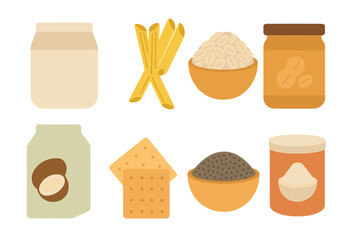 Variety of pantry staples including flour, pasta, and nuts arranged neatly on a white background