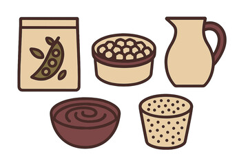Various food ingredients displayed in a simple design showcasing earthy tones and shapes