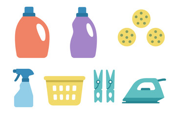 Household cleaning supplies and laundry items arranged on a flat surface during the daytime