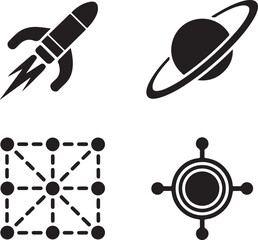 Modern vector icons: rocket launch, planet symbol, network sign, and connection symbol.