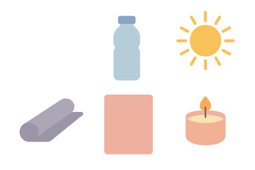 Summer essentials for a relaxing day outdoors with yoga mat, water bottle, sun, candle, and blanket