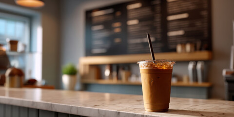 Iced coffee drink in plastic cup with straw on marble counter in cozy cafe interior with blurred background
