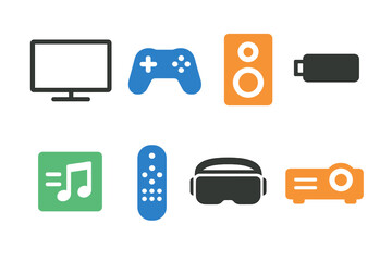 Collection of electronic icons representing entertainment and gaming devices in a modern design