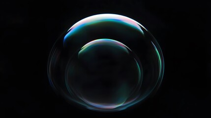 Iridescent Soap Bubble on Black Background with Colorful Reflections