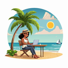 Fototapeta premium Digital nomad working on laptop near tropical beach cartoon vector