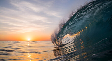 A wave curls at sunset with orange glow and cloudy sky