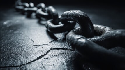 Heavy iron chain fractures on black surface embodying concepts of liberation and constraint breaking.