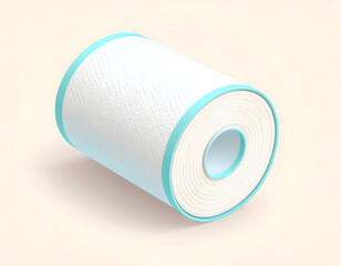 A 3D cartoon bandage roll, soft white fabric with light teal border, slightly puffed texture