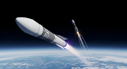 Two rockets launching into space above earth atmosphere view