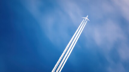 Dynamic aviation scene: plane leaving contrail streaks in clear sky above layered cloud textures.