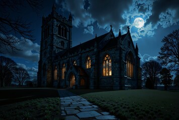 A dark, gothic church stands under a full moon, its stone spires and stained glass windows illuminated by the moonlight, creating a serene yet eerie atmosphere