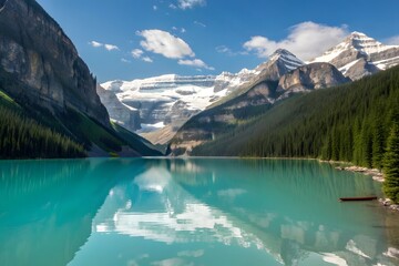 Turquoise lake louise reflects majestic snow capped mountains and forest