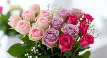 Fototapeta premium A bouquet of roses in various colors with baby's breath