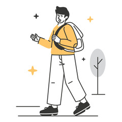 Happy student character walking to school with a backpack. An isolated line art vector for a modern education or back-to-school concept.