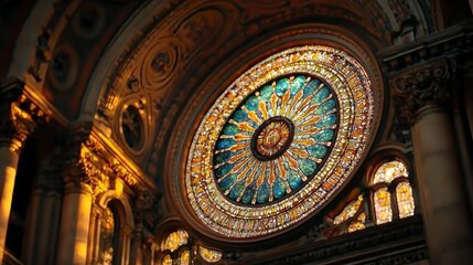 Fototapeta premium Circular Stained Glass Window in Ornate Cathedral Interior