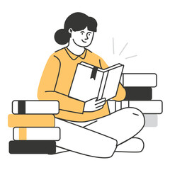 An inspired female student reading a glowing book, preparing for school with a pile of literature.