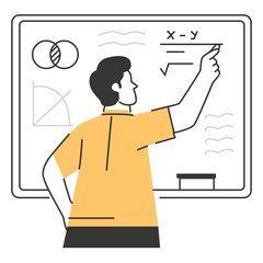 A young teacher writing a math formula on a whiteboard, illustrating a modern school education concept.