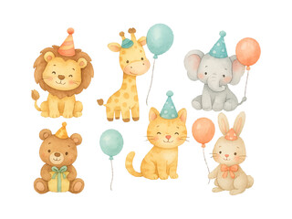 Watercolor Safari Animals with Balloons and Party Hats for Birthday Celebration